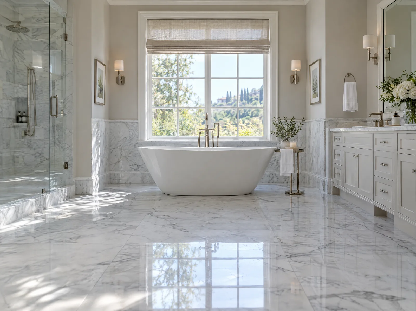 Marble bathroom floor where etching from cleaners commonly appears