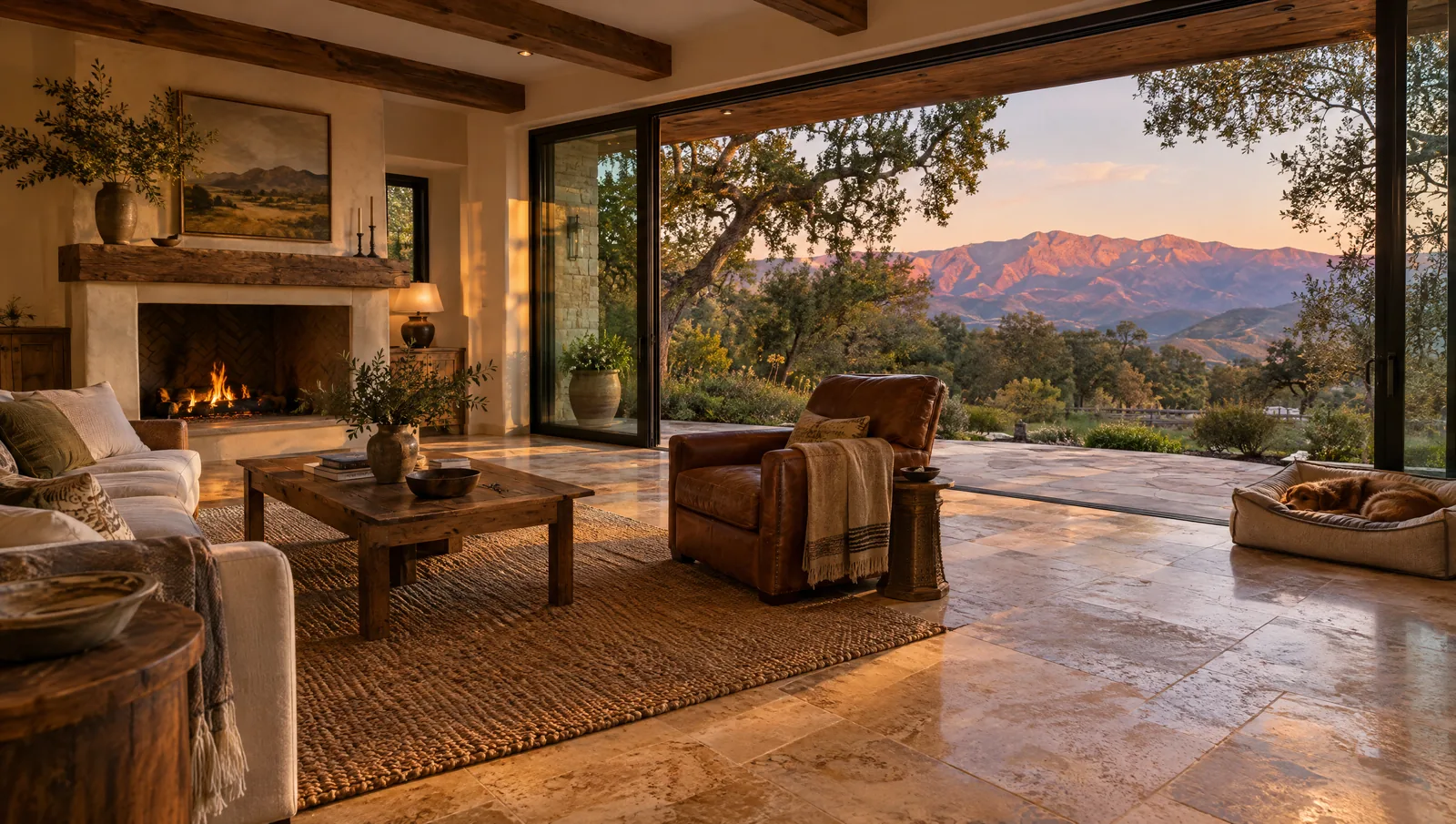 Ojai ranch house with a travertine floor at golden hour and mountain views