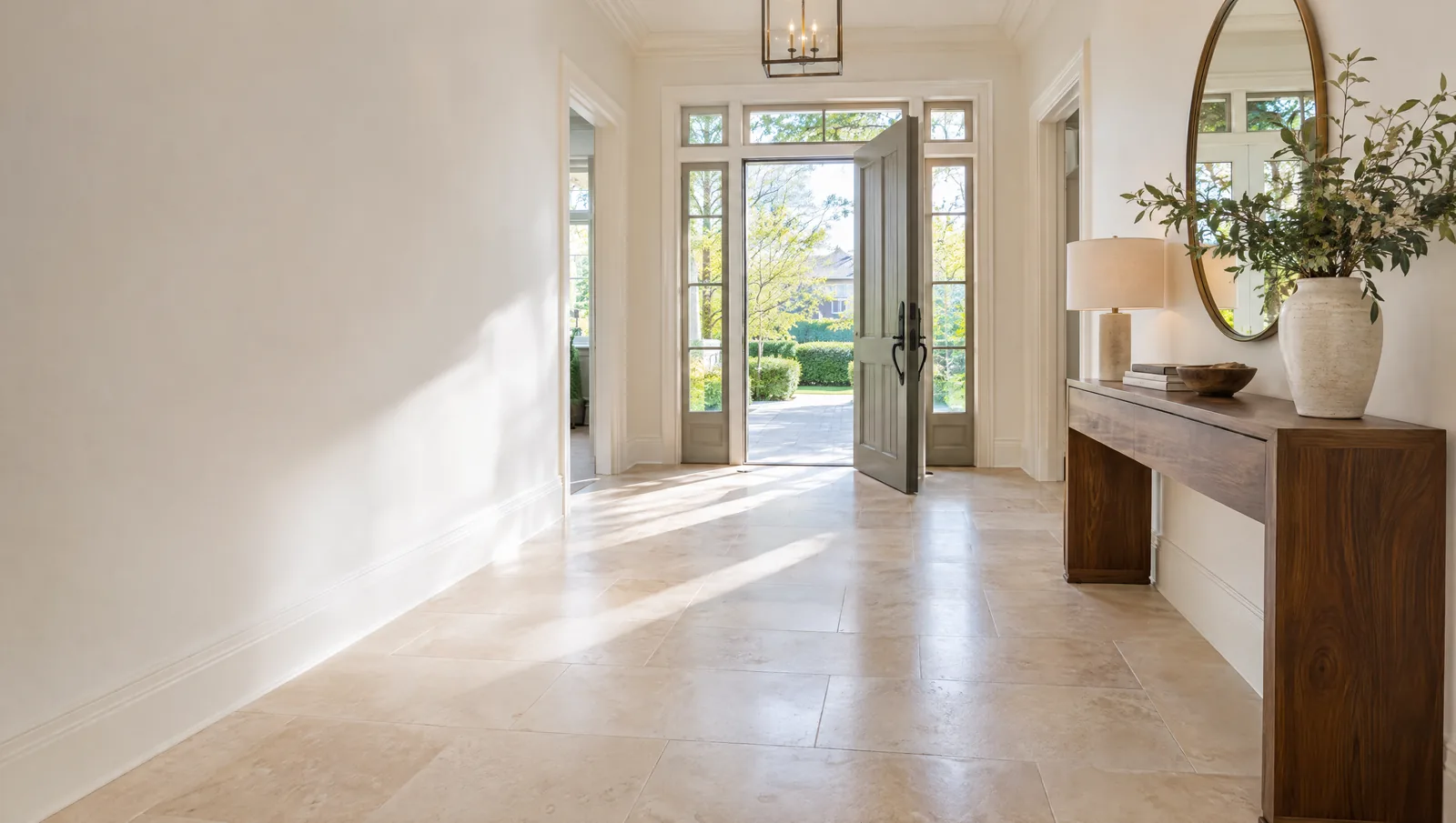Bright entry hall with restored stone floor