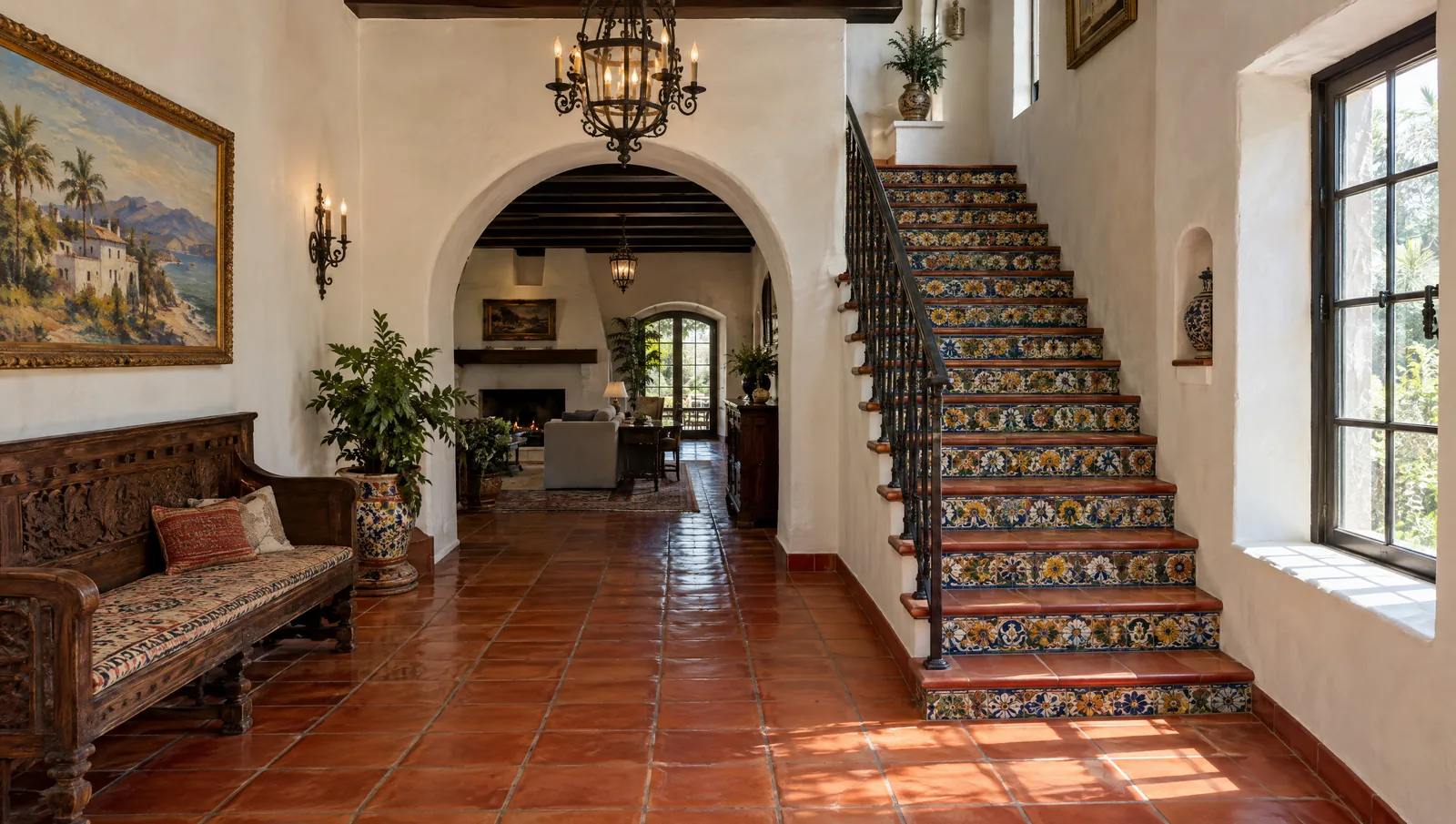 Terracotta floor and painted tile stair risers in a Santa Barbara Spanish Revival home