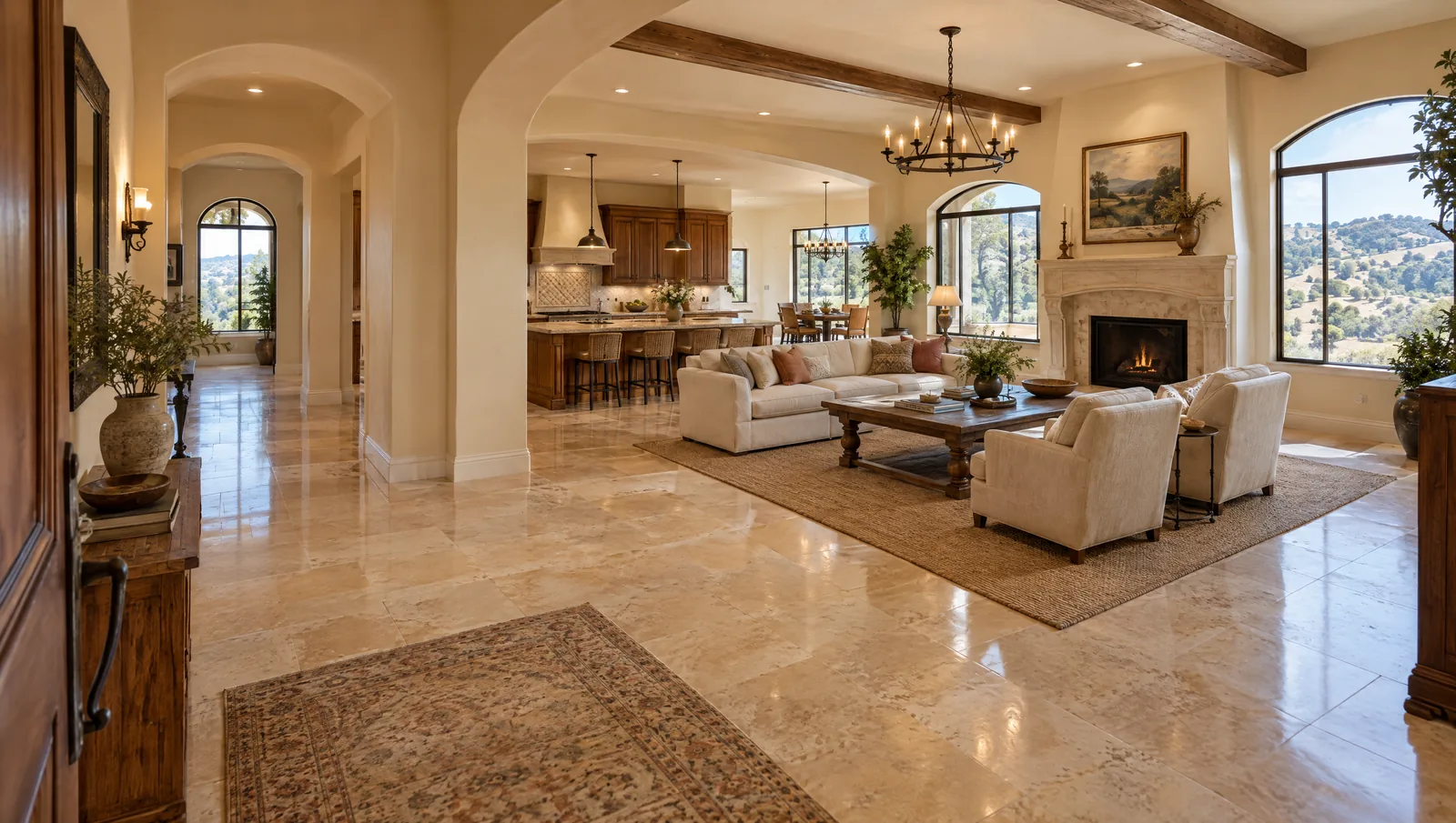 Conejo Valley Mediterranean home in Thousand Oaks with a travertine floor